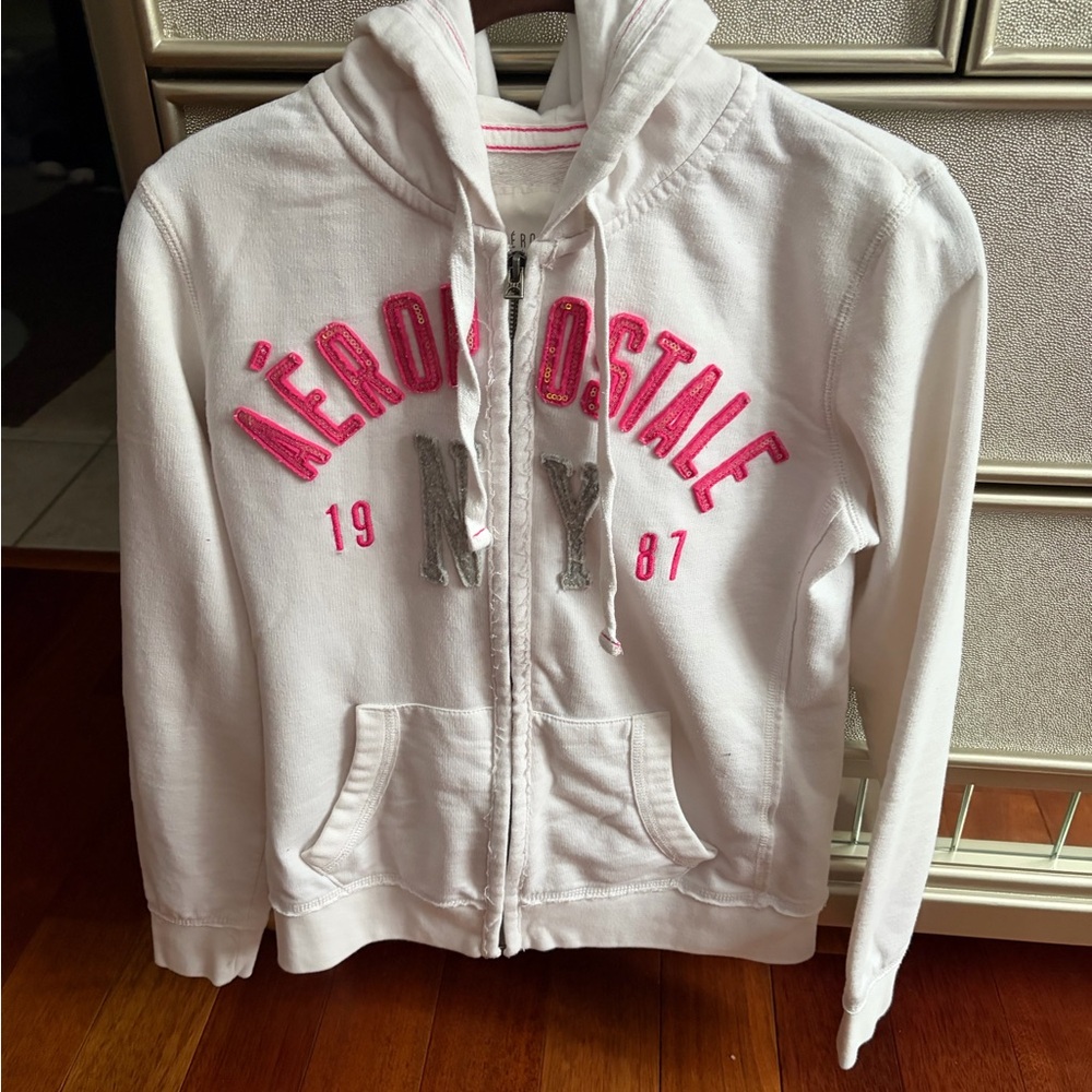 Aeropostale sequins full zip hoodie sweatshirt navy blue or white with pink Sz S